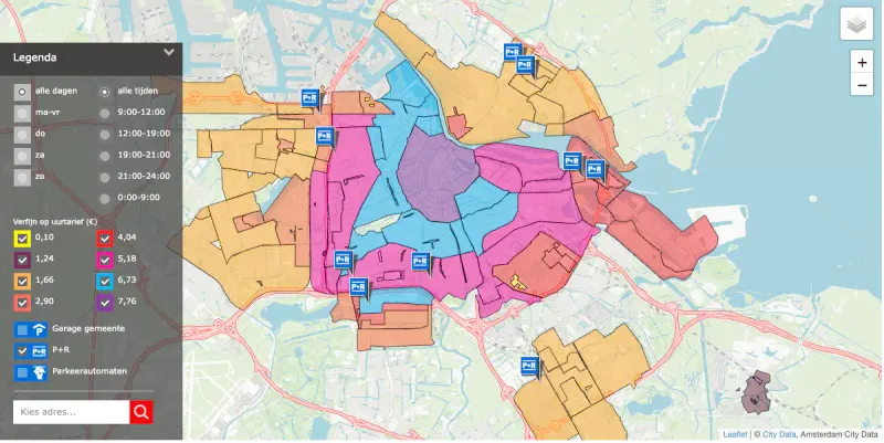 Amsterdam parking zones map showing different areas with color-coded zones